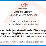invitation Cérémonie commémorative de la journée nationale d'hommage aux Morts pour la France pendant la guerre d'Algérie et les combats du Maroc et de la Tunisie villers-semeuse